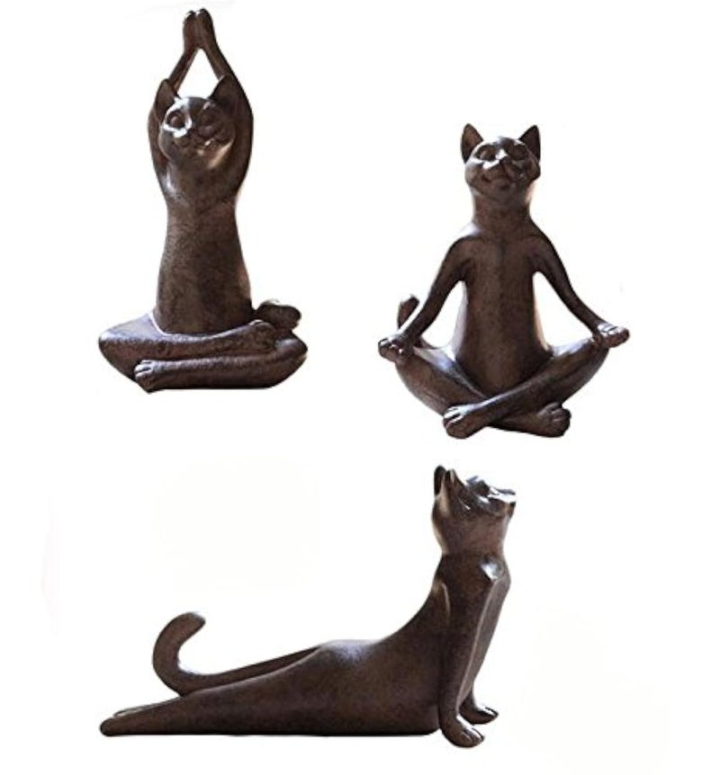 KiaoTime Set of 3 Rusty Brown Vintage Rustic Decorative Resin Animal Cat Yoga Pose Statue, Kitty Yoga Figurine Statue, Meditation Room Yoga Figurine, Yoga Pose Statue, Yoga Sculpture